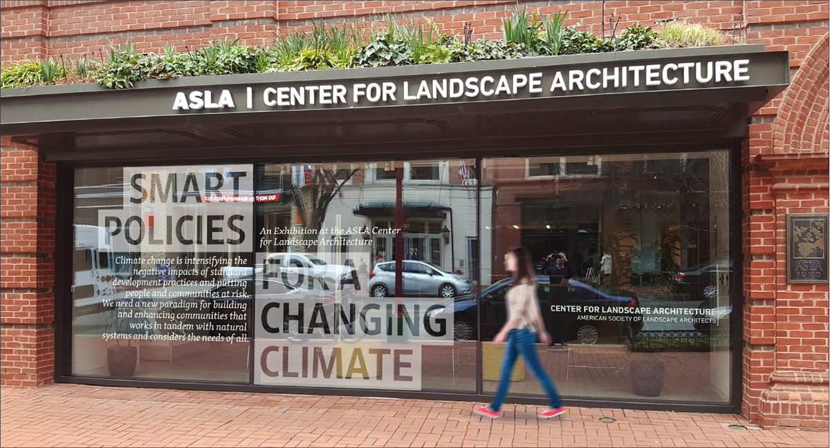 Building exterior of the Smart Policies For A Changing Climate Exhibition at the ASLA Center for Landscape Architecture.