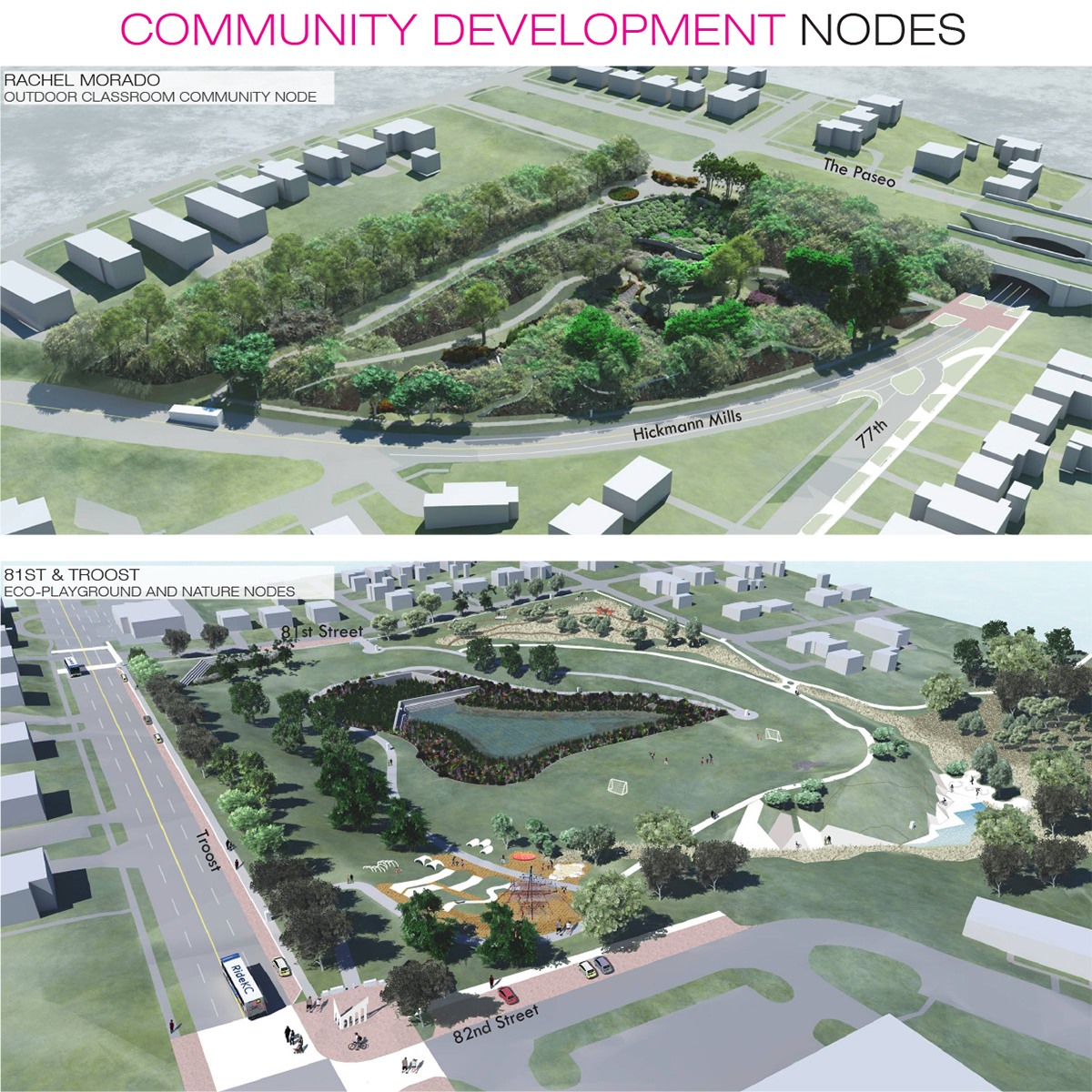 A rendering of Rachel Morado outdoor classroom and an ecoplayground at 81st and Troost.