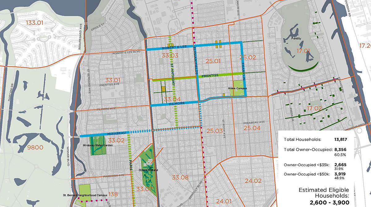 Map showing Gentilly neighborhood in New Orleans where income-eligible homeowners can apply for $25,000 in green infrastructure grants.