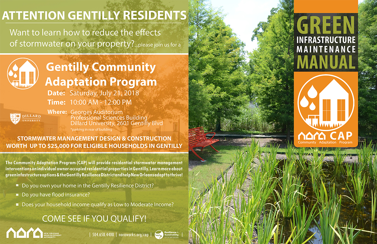 Flyer encouraging residents of Gentilly in New Orleans, Louisiana, to apply for green infrastructure grants, and an image of a homeowner green infrastructure manual.