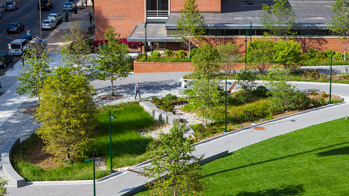 Shoemaker Green at the University of Pennsylvania, a park that captures stormwater runoff from surrounding buildings.