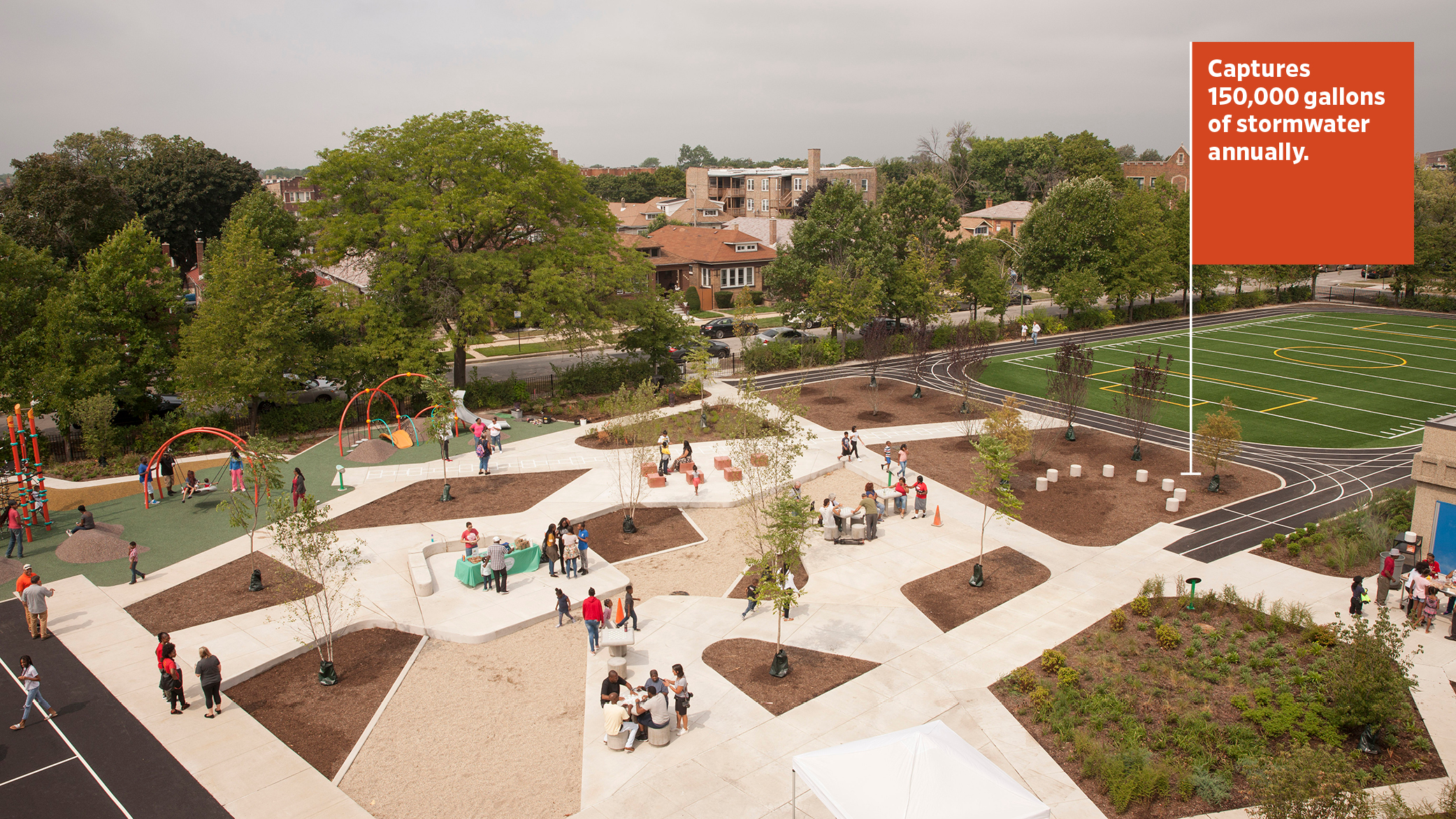 An aerial view of the John W. Cook Academy Space to Grow Schoolyard in Chicago, with gardens in the foreground and sports fields and a play ground in the background.