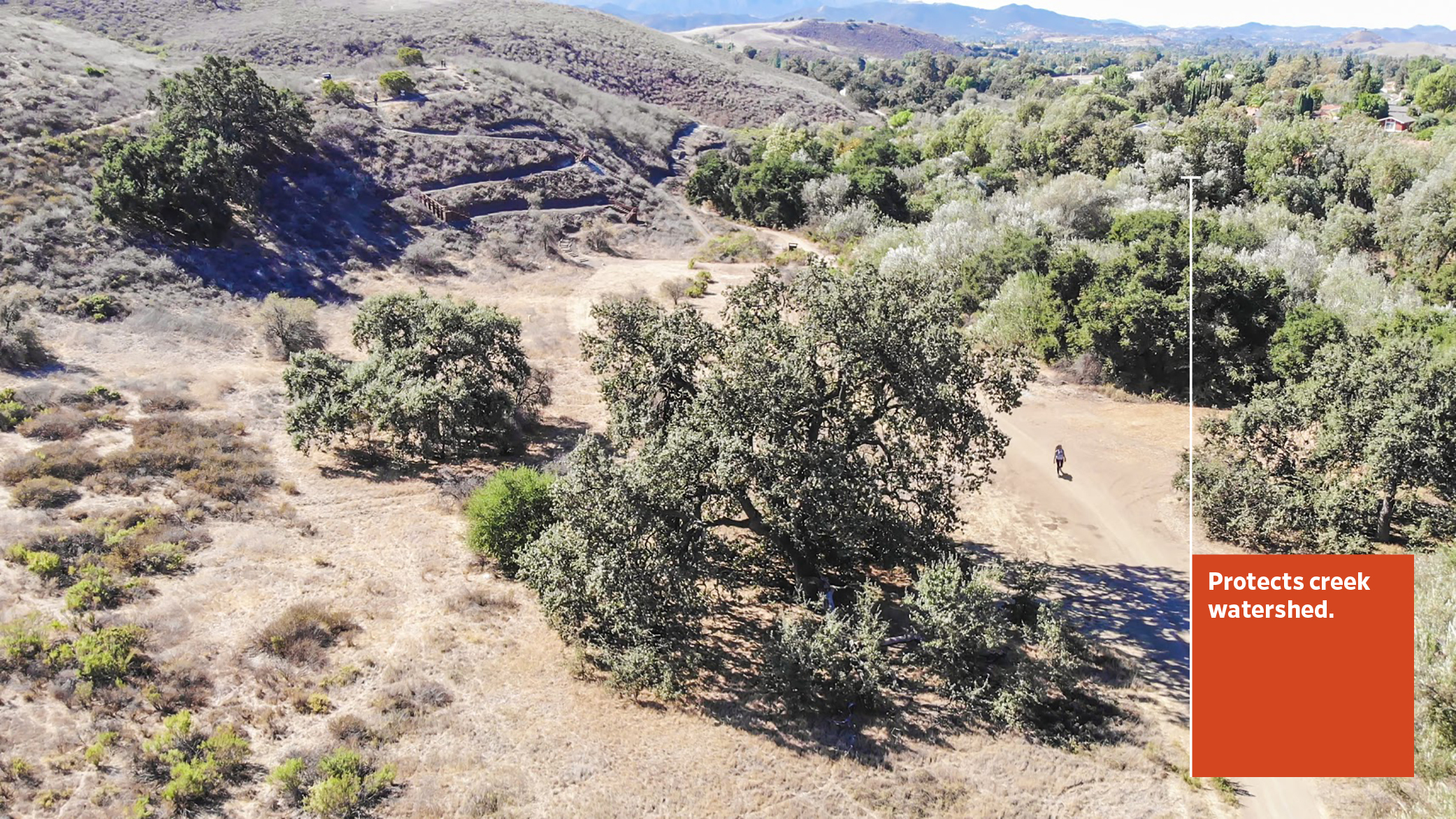 The Sapwi Trails Community Park preserves the beautiful native landscape of Calfornia, seen here, including native oak trees and other shrubs and plants.