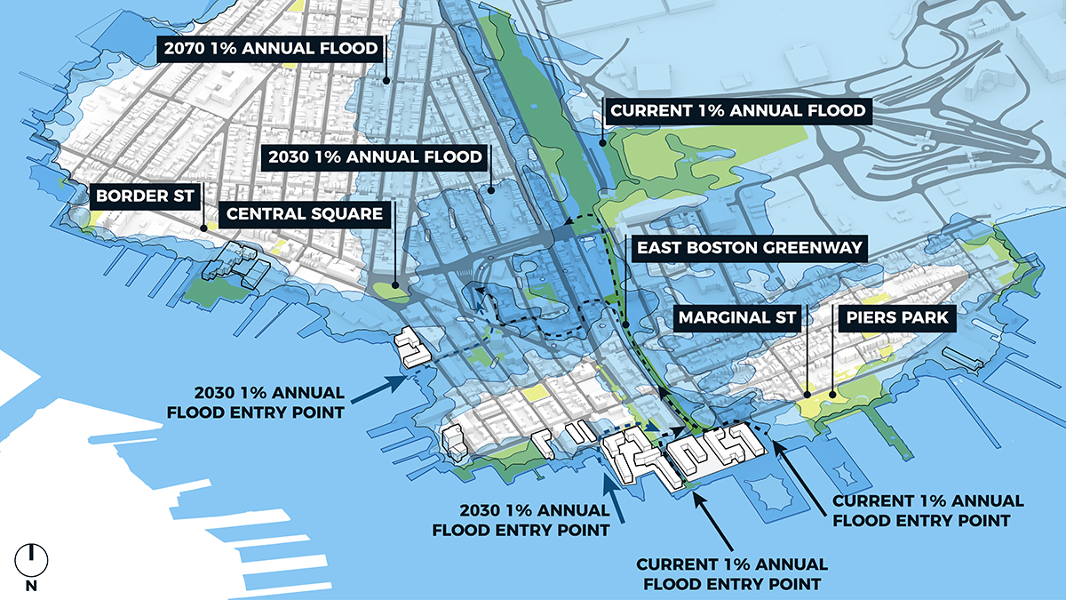 The gradations of blue in the map show how the 100-year flood extent changes as sea levels rise. The colors do not indicate depth of flooding. The source is the Coastal Resilience Solutions for East Boston & Charlestown, 2017.