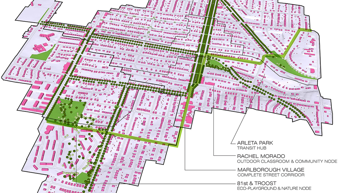 A map and plan for using a green transportation corridor to revitalize downtown Marlborough, a neighborhood in Kansas City.