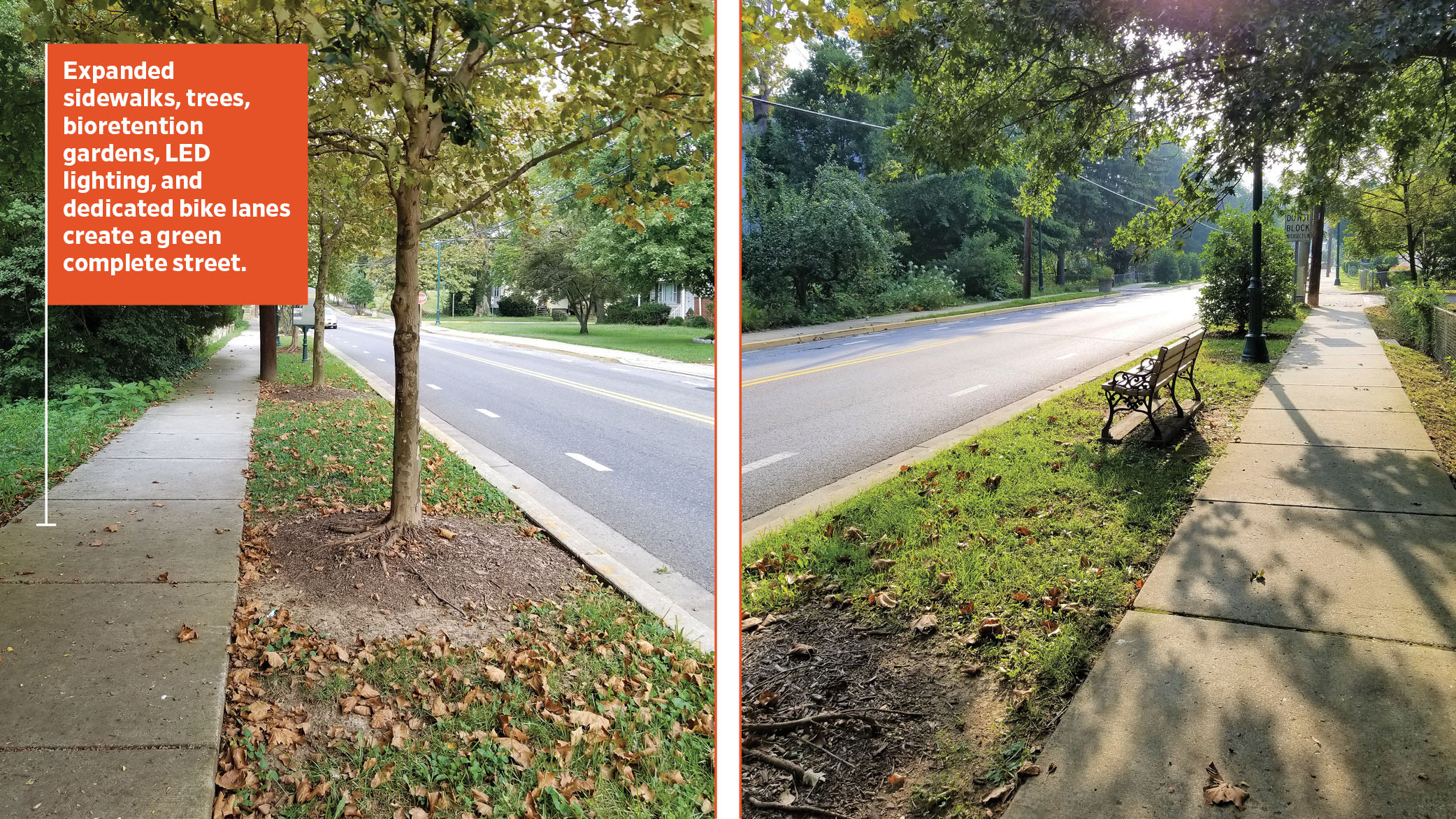 Decatur Avenue in Edmonston, Maryland, features LED lighting, bioretention gardens, dedicated bike lanes, and ADA-compliant pedestrian walkways.