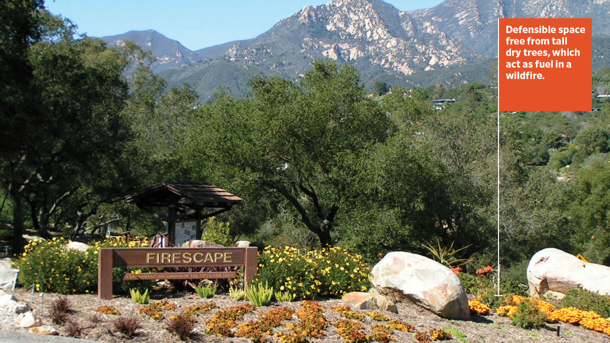 The Firescape Garden is located in the foothills behind Santa Barbara. The road in the foreground serves as the approximate location of the house the firescaped garden is protecting.