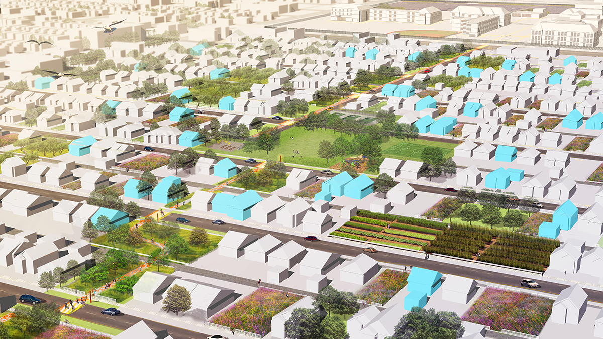 Aerial rendering of the Fitzgerald neighborhood and the various landscape typologies looking east toward the University of Detroit Mercy. Houses highlighted in blue indicate structures that will be rehabilitated.