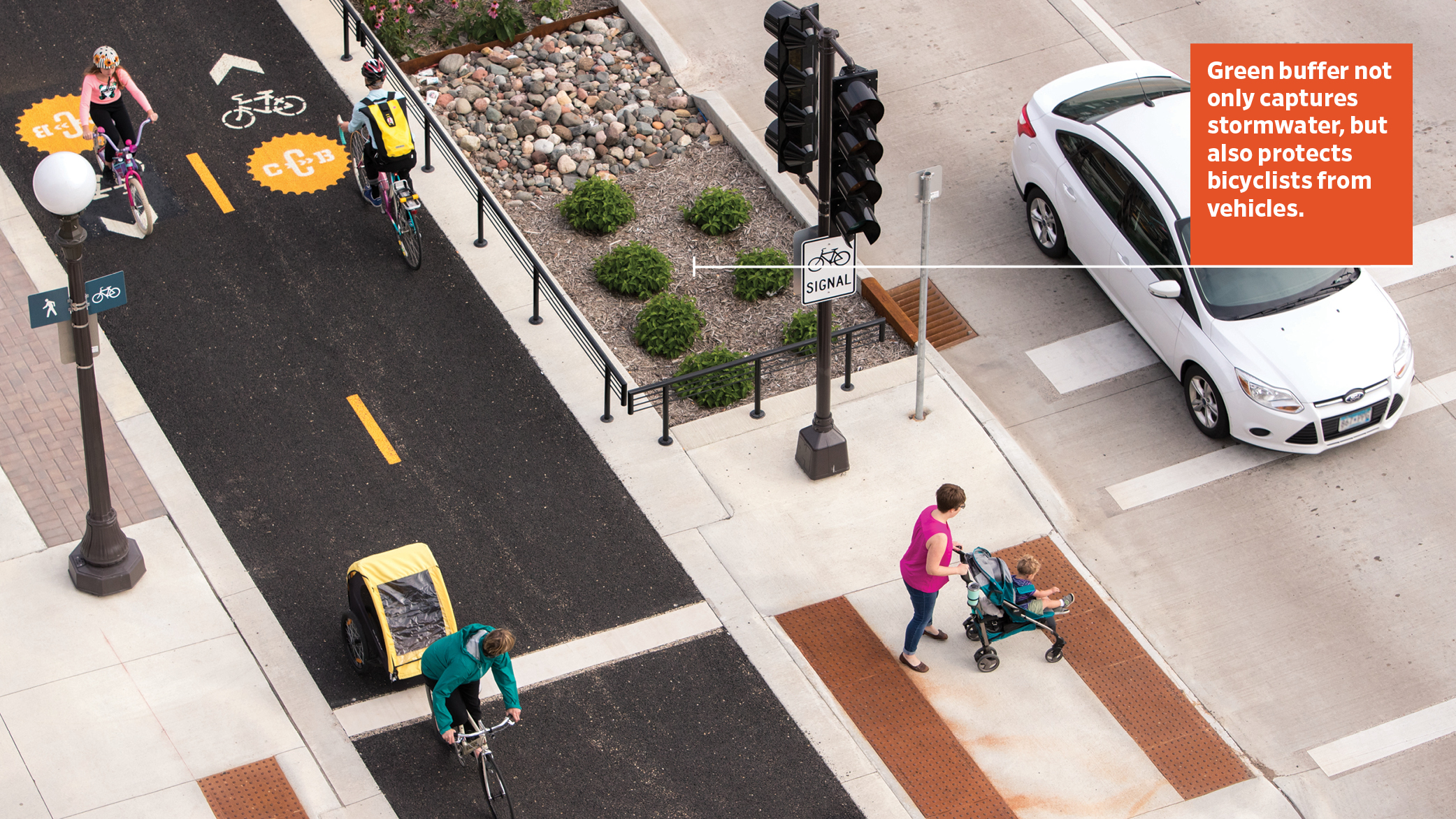 Jackson Avenue reconstruction project includes a 12-foot-wide, two-way, grade-separated bikeway, partitioned from motor vehicles by low rails and green buffers, which makes transportation easier and safer for people walking, bicycling, and driving.