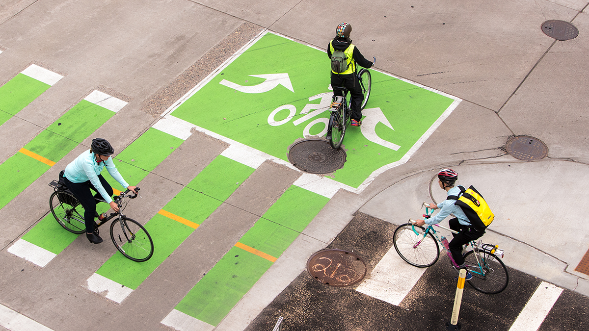 Visible intersections are used here by bicyclists to get ahead of motor vehicles when turning.