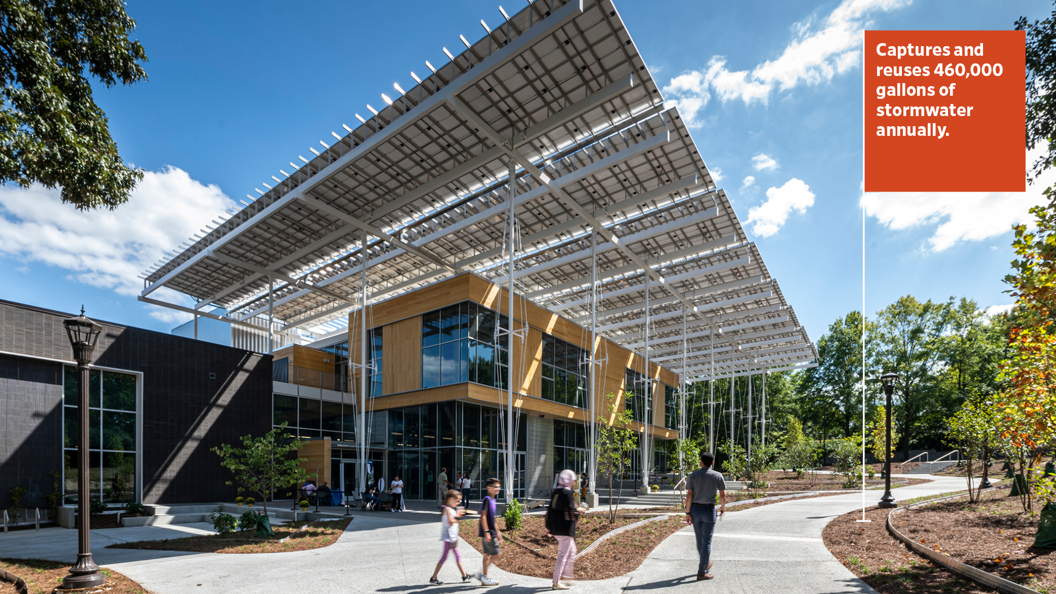 A view of the Kendeda Building for Innovative Sustainable Design shows the landscape surrounding the building, along with the cantilevered roof.
