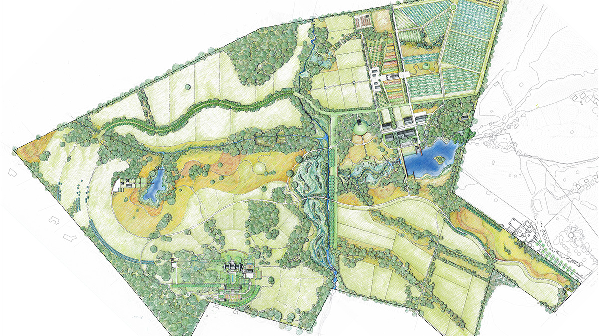 A rendering of the master plan created by Nelson Byrd Woltz Landscape Architects for Oakencroft Farm in Central Virginia. The plan includes new riparian habitat and ecological restoration areas that would support pollinators.