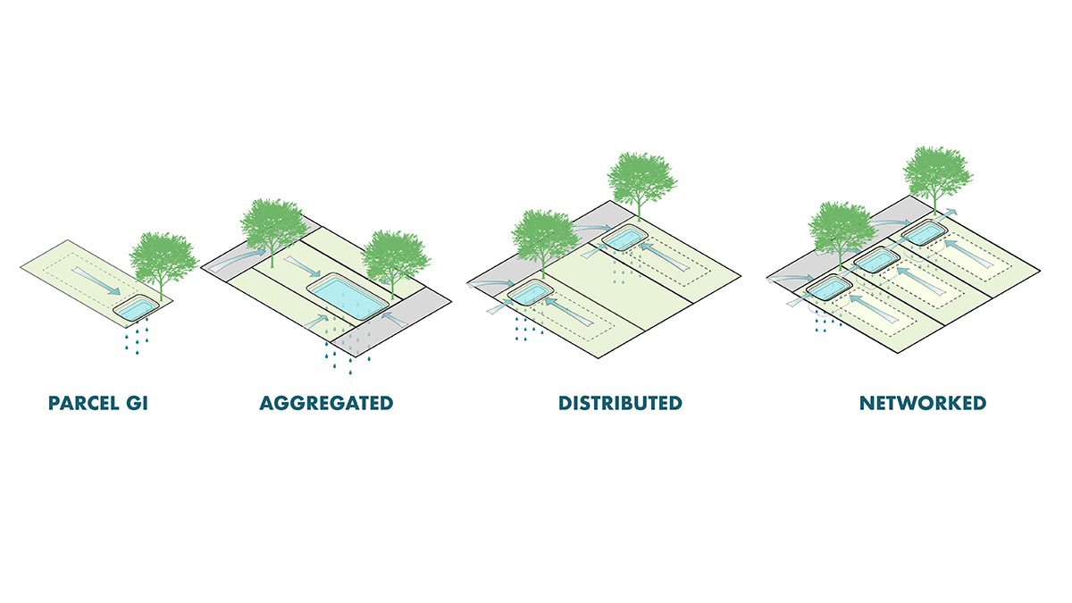 A rendering of different types of green infrastructure that can be incorporated into parcels. Types include aggregated, distributed, and network.