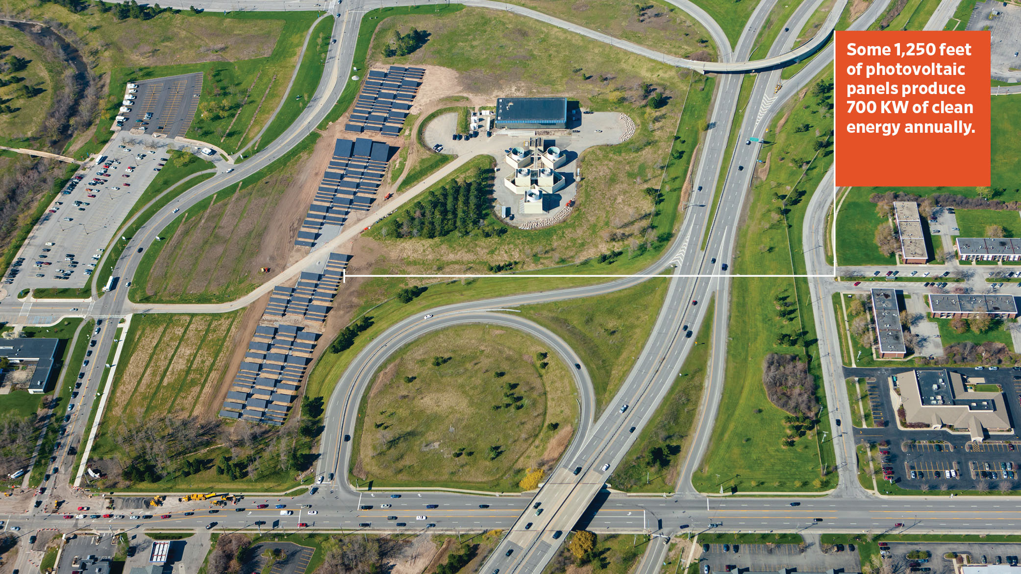 Aerial view of the Solar Strand installation at the University at Buffalo.