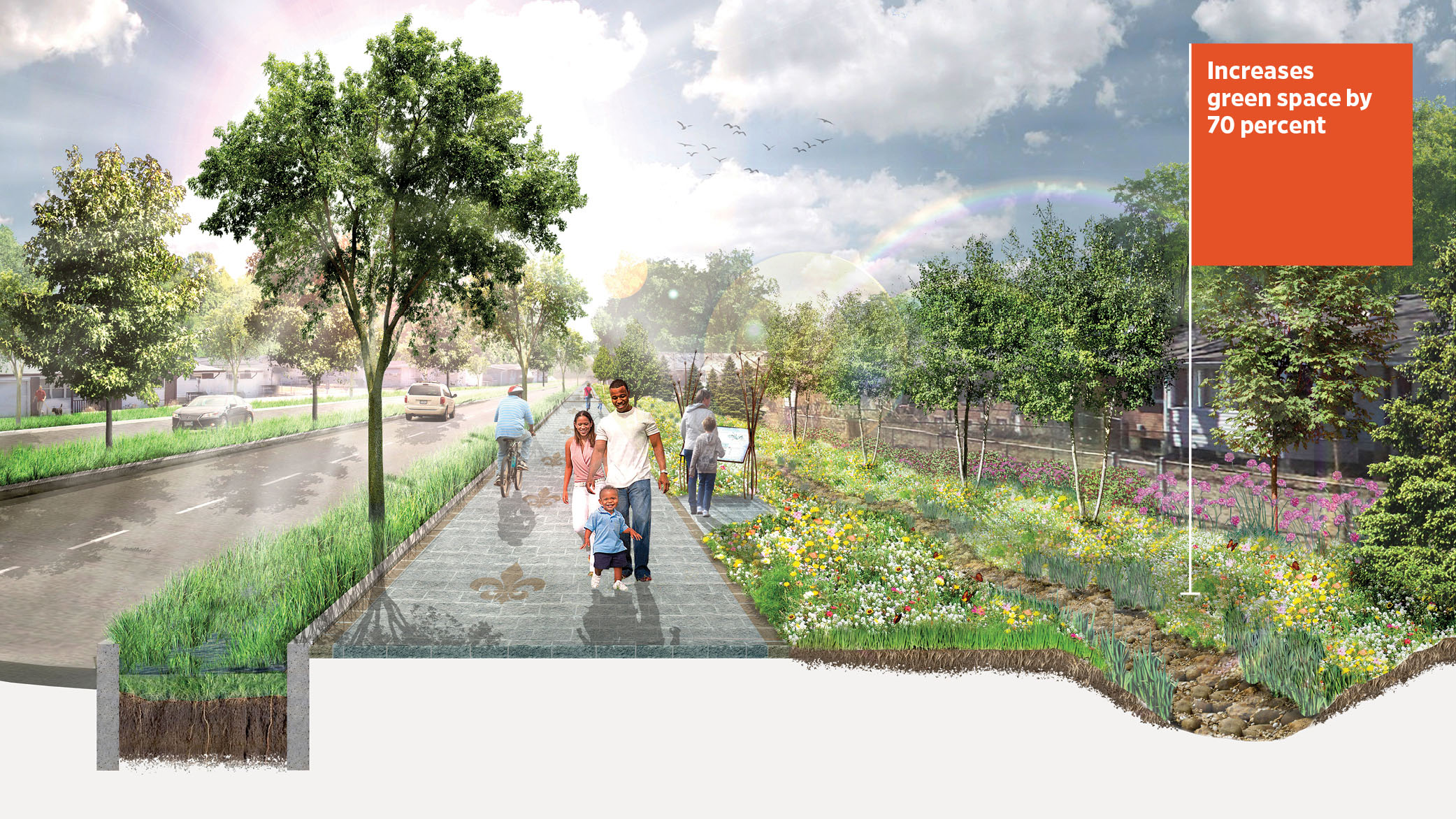 Rendering by SWT Design showing the West Florissant Avenue “Great Street” Initiative, a street with wide sidewalks, trees, and gardens.