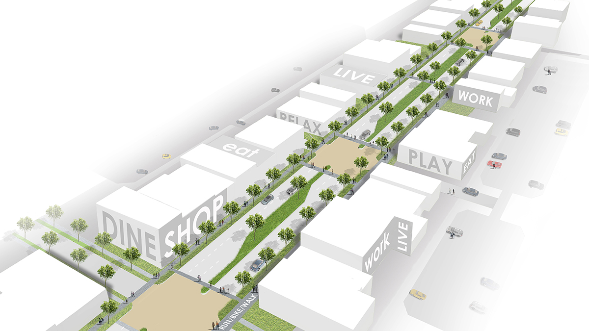 An aerial rendering by SWT Design showing the West Florissant Avenue “Great Street” Initiative, showing how more trees would be added amid the commercial corridor.